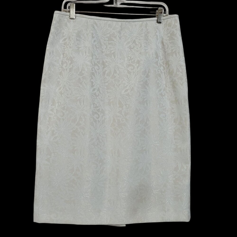Le Suit Pencil Skirt Womens 12 White Ivory Mothe of the Bride Floral Jacquard